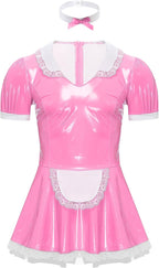 Men Sissy Wet Look Lace French Maid Uniform Lingerie Outfit Cosplay Fancy Dress Pajamas Set