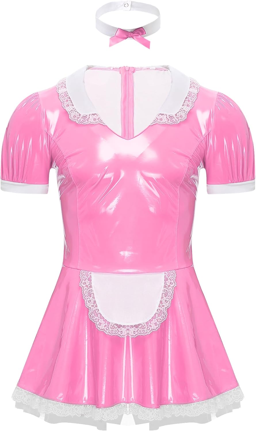Men Sissy Wet Look Lace French Maid Uniform Lingerie Outfit Cosplay Fancy Dress Pajamas Set