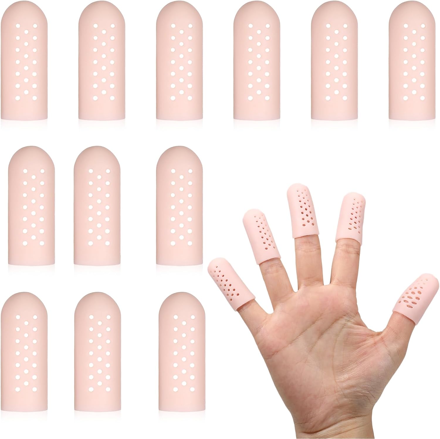 12 Pcs Gel Finger Cots with Air Holes, Breathable Silicone Finger Protectors Fingers Gloves Covers Bandages Thumb Nail Tips Protector Caps for Wound Healing Cracking Arthritis Toe Fingers Pain Relief