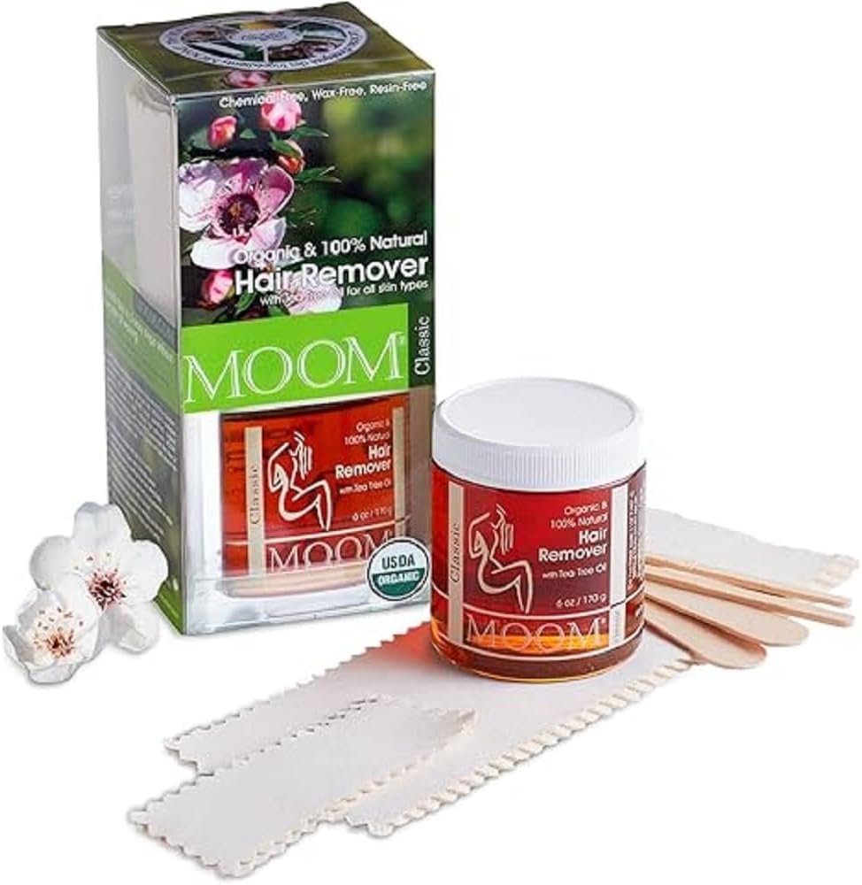 MOOM - Organic Sugar Wax Hair Removal Kit for Underarm, Face & Bikini, Infused with Tea Tree Oil, Includes Wax Strips & Sticks, Ideal for Sensitive Skin - 6 oz