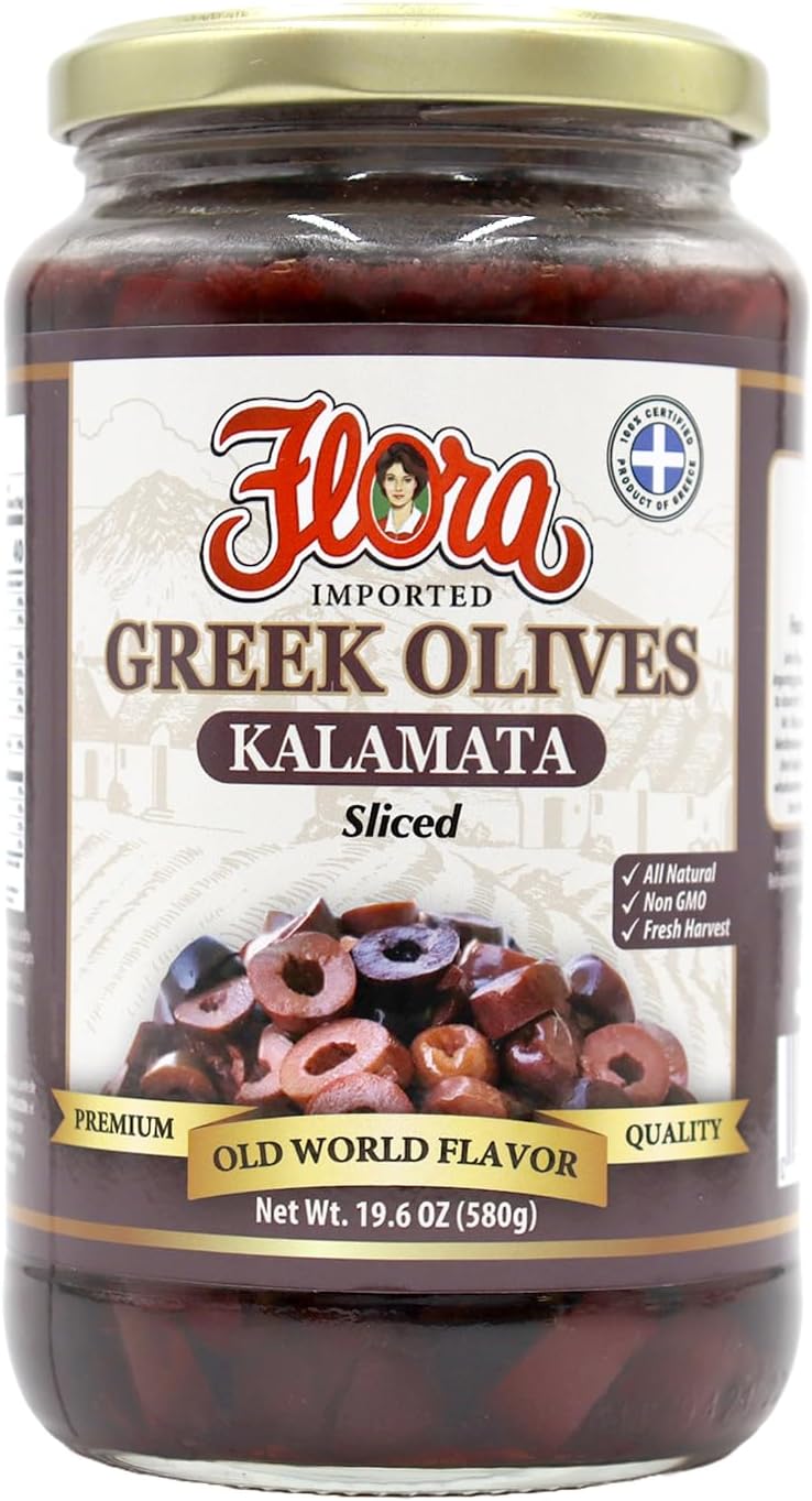 Greek Kalamata Olives Sliced - Flora Foods Imported - 19.6 OZ Glass Jar - Premium Quality