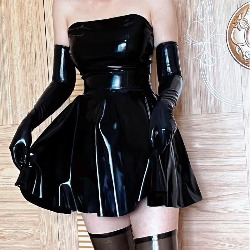 ABWL Black Latex Dresses for Women,Handmade Rubber Sleeveless Dress with Back Zipper,for Cosplay Club Costume
