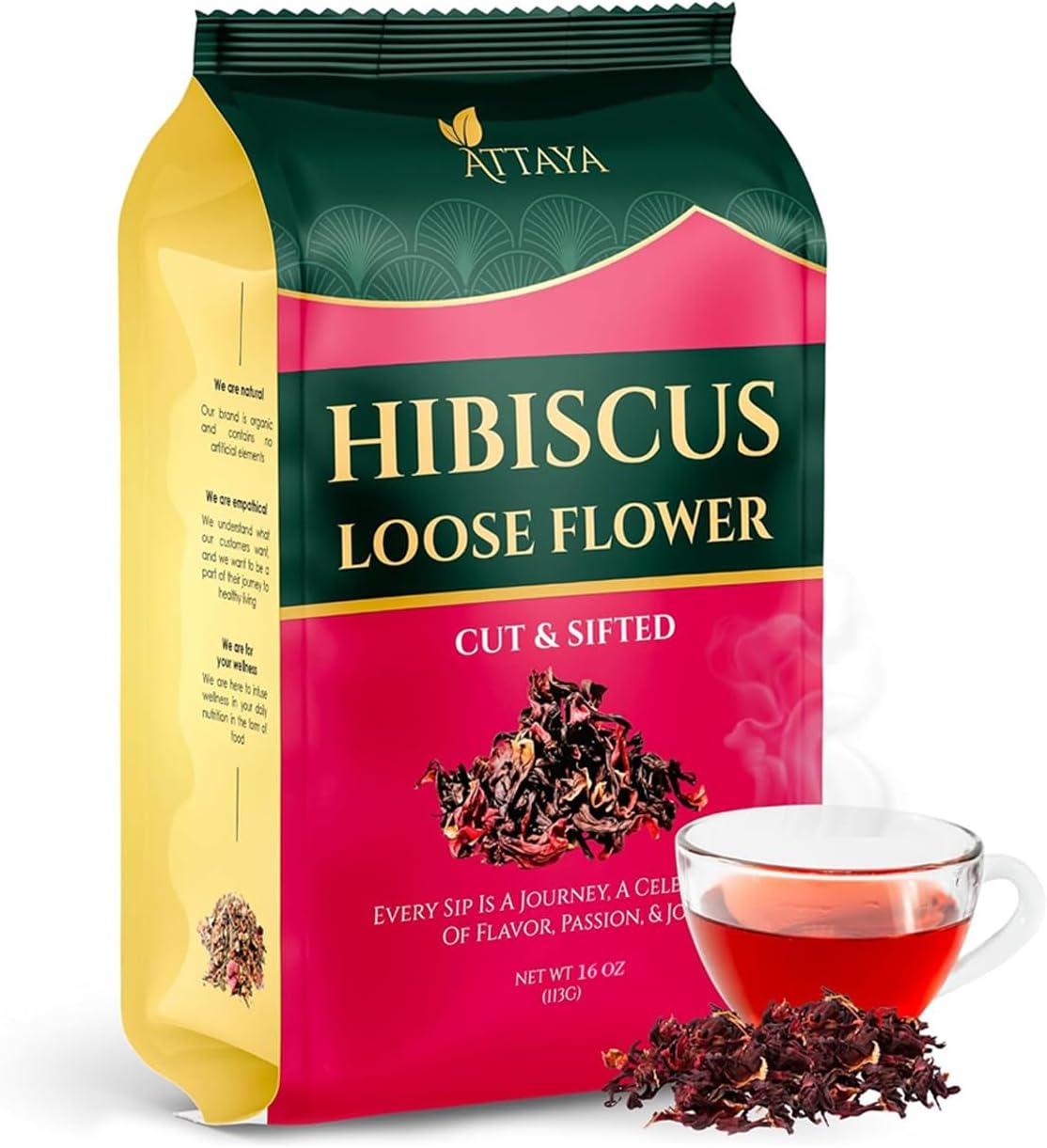 Attaya Natural Loose Hibiscus Flowers, CUT & SIFTED 16oz | 100% Pure, Dried, Caffeine-Free | Antioxidant-Rich for Wellness & Relaxation.