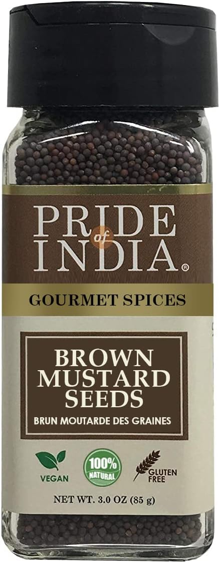 Pride of India – Brown Mustard Seed Whole – Gourmet Indian Spice – Hot & Spicy Flavor – Ideal seasoning for sauces/dips/spice blends – Easy to Use – 2.5 oz. Small Dual Sifter Bottle