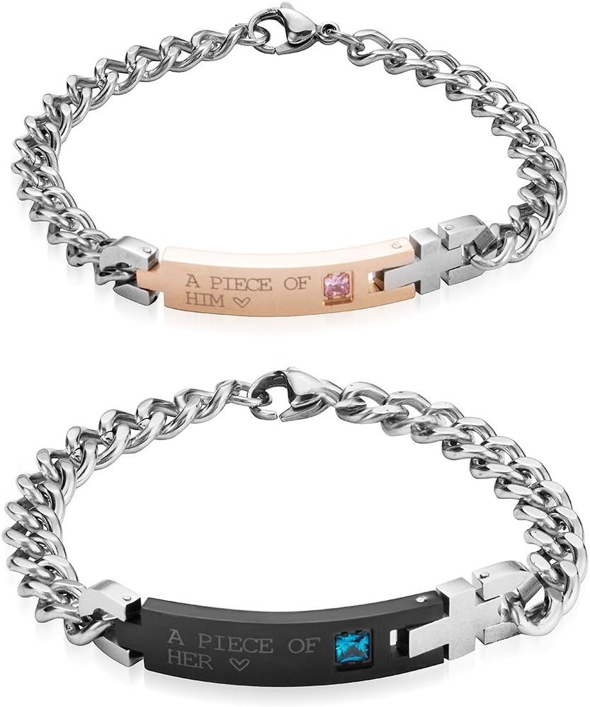 seensea Couples Matching Set 2 Pieces Link Bracelet Titanium Stainless Steel Chain Wrist Cuff for Valentine's Day Gift Jewelry