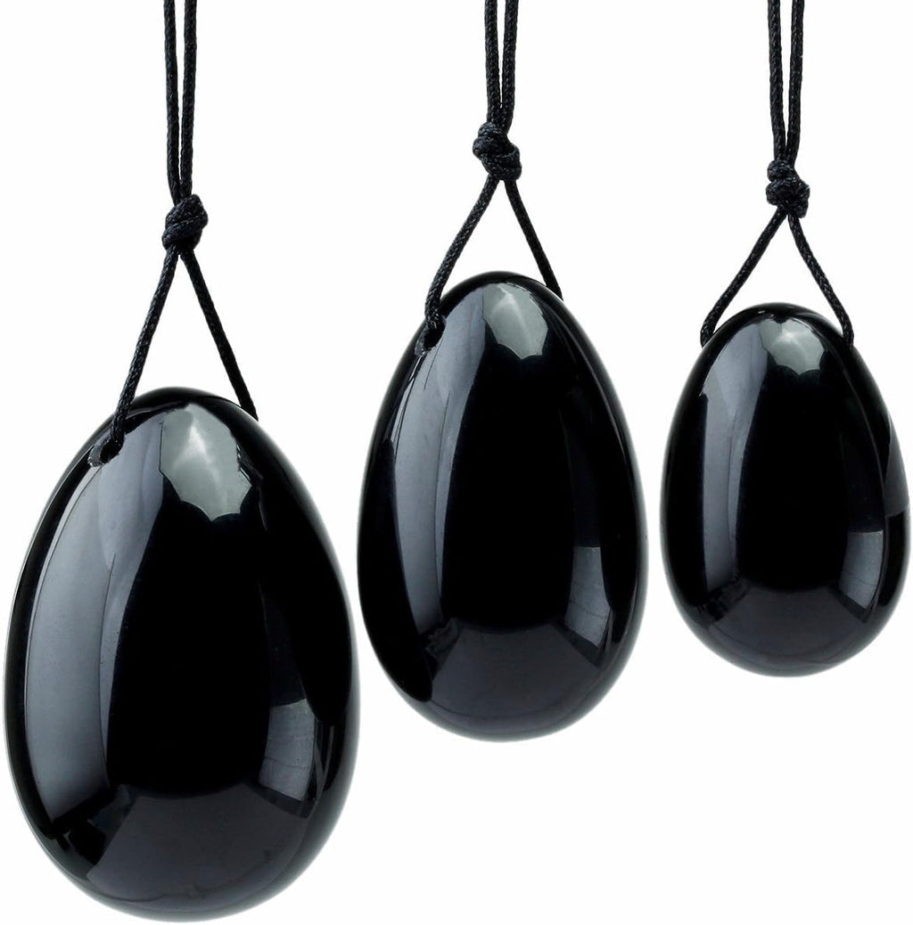 Jade Yo-ni Eggs 3pcs Set Massage Stone Black, Natural Crystal Quartz Eggs Balls for Women Body Massage P-C Muscle Training Wellness, Chakra Healing Body Exercise Relax (Black Obsidian)