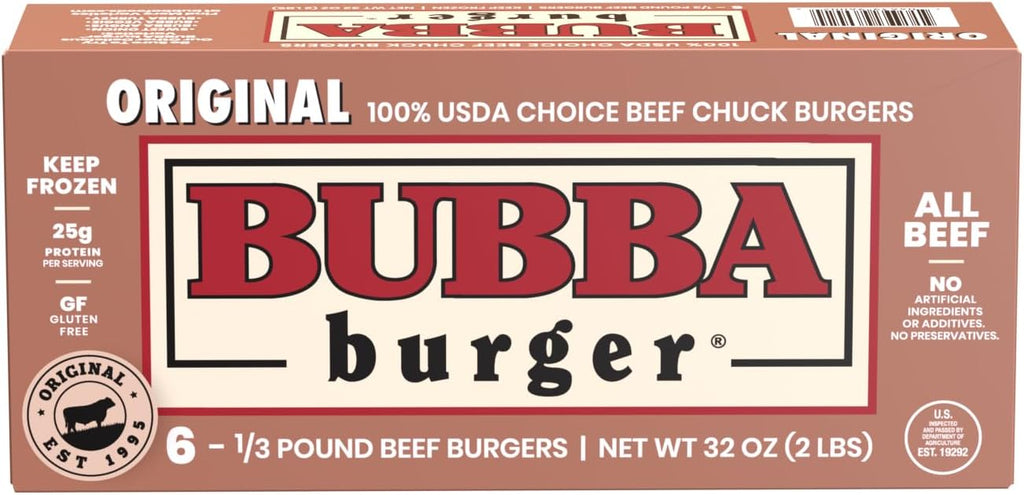 Bubba Burger, Frozen Beef Burger Patties, Original, USDA Choice Beef Chuck, 2 lb, Pack of 6