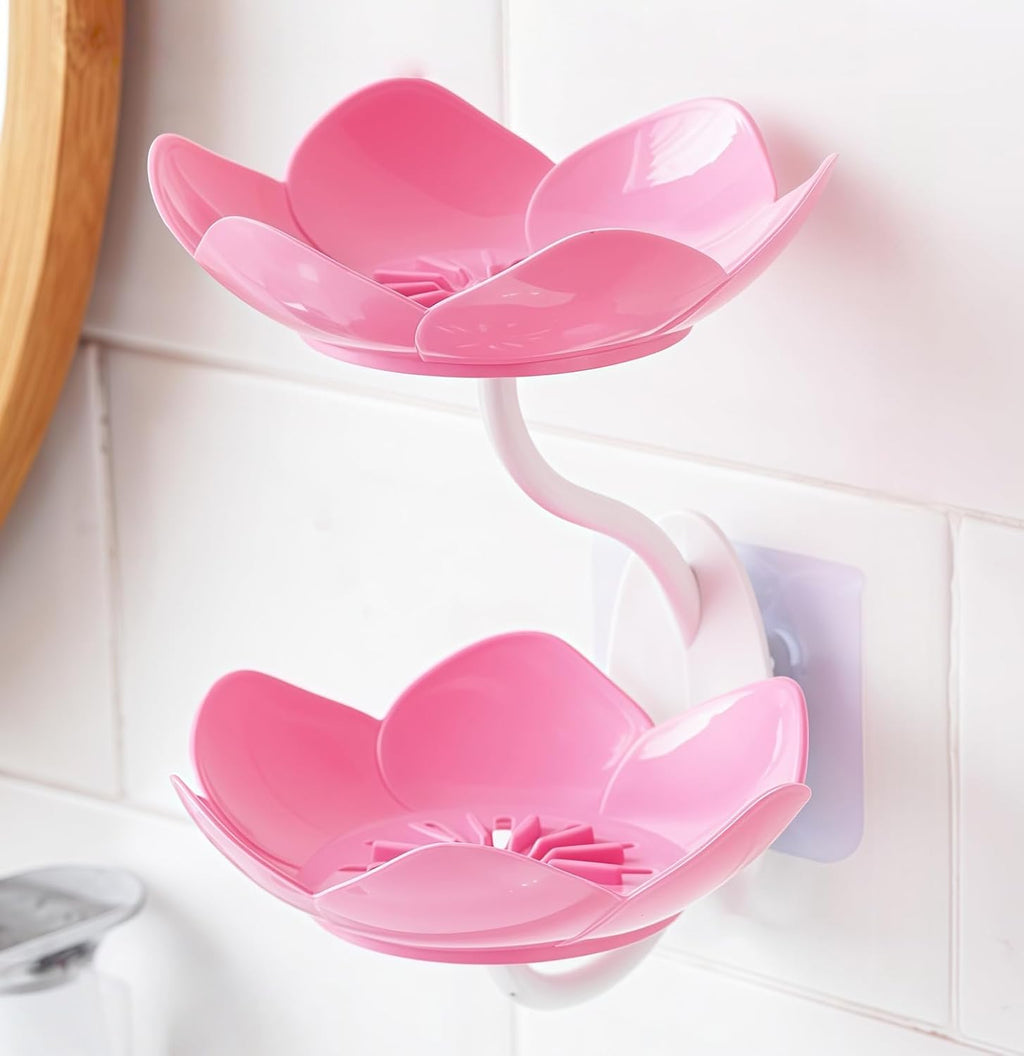 Soap Dish Holder for Shower Bar Double Layer Cute Lotus Shape Adhesive Tray Sink Wall Mounted Shampoo NO-Drilling Self Draining Hanging Saver Rack Plastic Bathroom Bathtub Kitchen，Pink