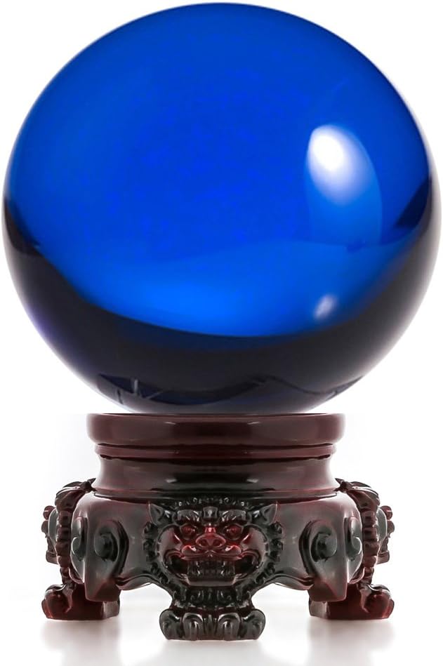 Amlong Crystal 3 inch (80mm) Blue Crystal Ball with Redwood Lion Resin Stand and Gift Box for Decorative Ball, Lensball Photography, Gazing Divination or Feng Shui, and Fortune Telling Ball