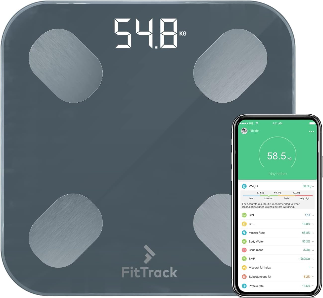 FitTrack Dara Smart BMI Digital Scale - Measure Weight and Body Fat - Most Accurate Bluetooth Glass Bathroom Scale (Black)