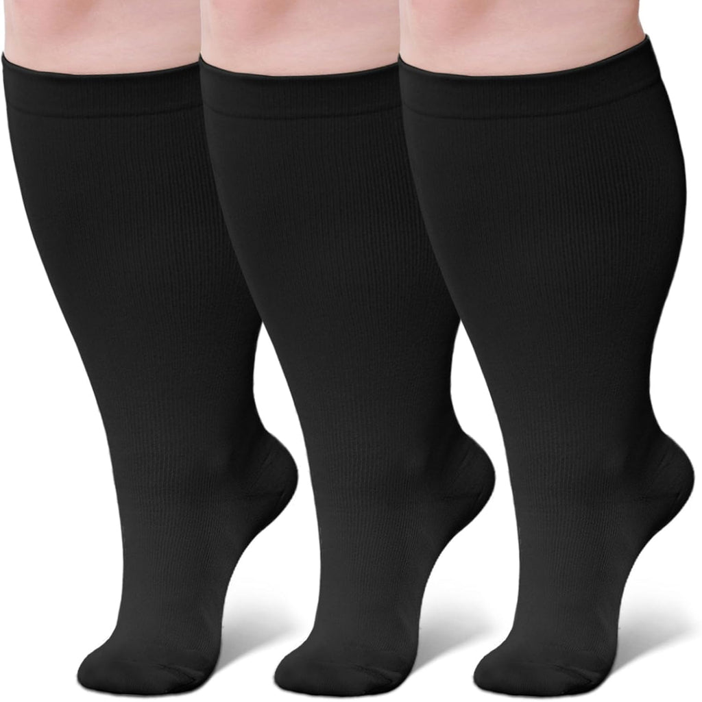 3 Pairs Plus Size Compression Socks: Wide calf Compression Stockings for Men Women - Extra Large 20-30 mmHg Compression Hose Support for Travel Nurses Running Pregnancy
