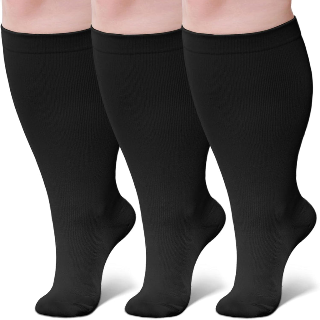 Wide Calf Compression Socks: Plus Size Compression Stockings for Men Women - Extra Large 20-30 mmHg Compression Hose Support for Travel Nurses Running Pregnancy 3 Pairs
