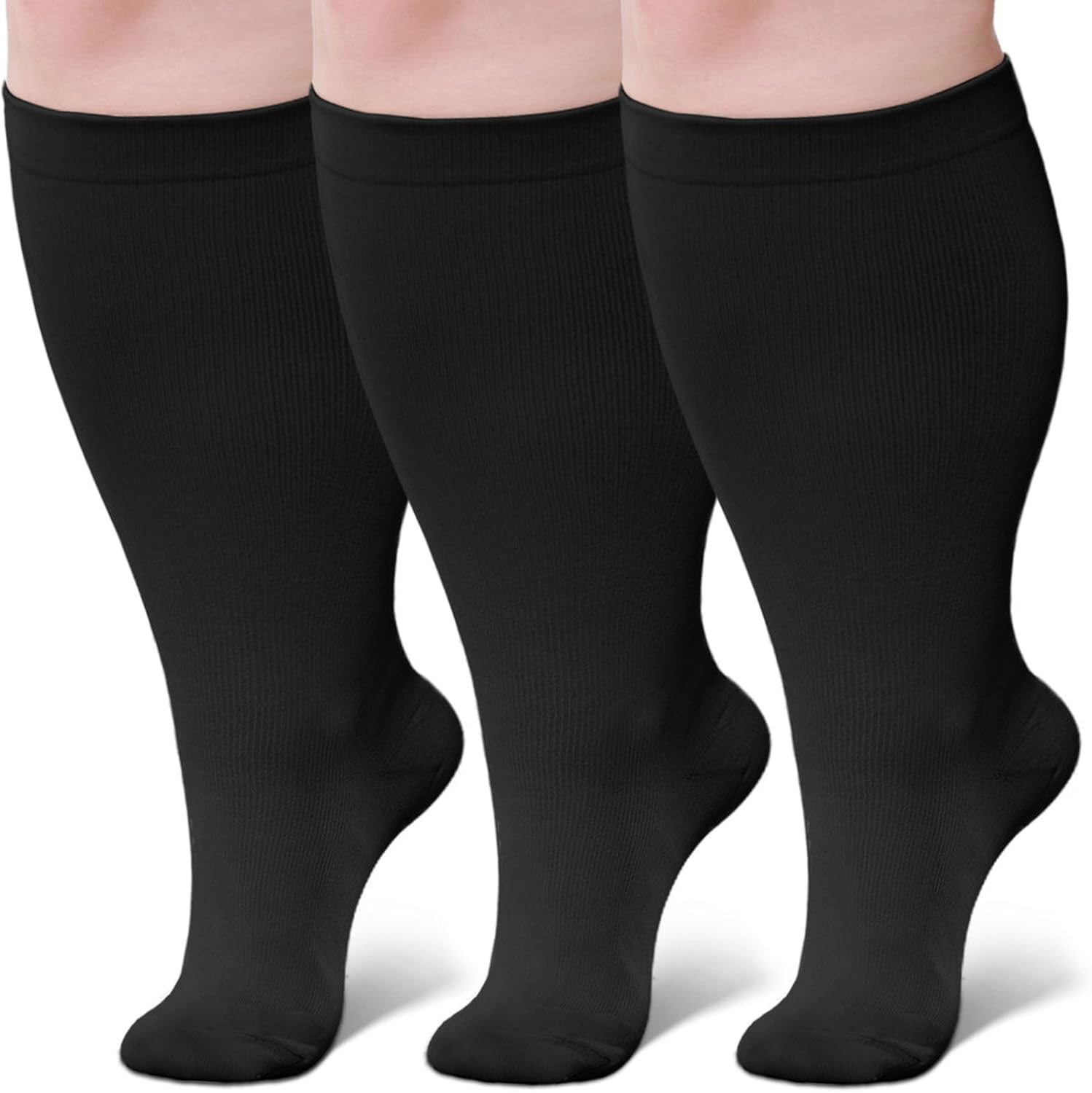 Wide Calf Compression Socks: Plus Size Compression Stockings for Men Women - Extra Large 20-30 mmHg Compression Hose Support for Travel Nurses Running Pregnancy 3 Pairs