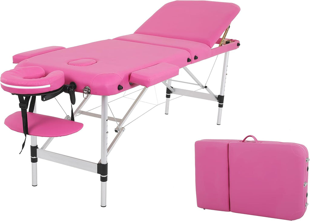 Massage Table, 3 Fold Lash Bed, Massage Bed Portable for Eyelash Extensions, Wide Massage Table with Carrying Bag, Massage Tables with Face Cradle & Handle, Portable Chiropractic Table - Pink