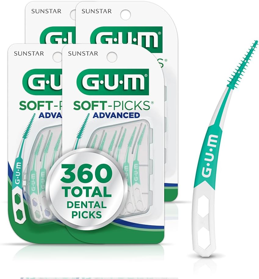 GUM Soft-Picks Advanced, Dental Picks for Teeth Cleaning and Gum Health, Disposable Interdental Brushes with Convenient Carry Case, Dentist Recommended Dental Picks, 90ct (4pk) 360 Total