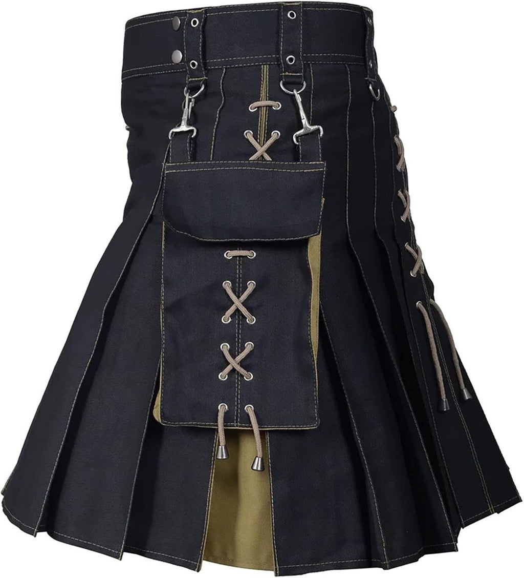 Vintage Scottish Kilt Men Plus Size Irish Hybrid Tartan High Waisted Utility Kilts Gothic Pleated Skirts with Pockets