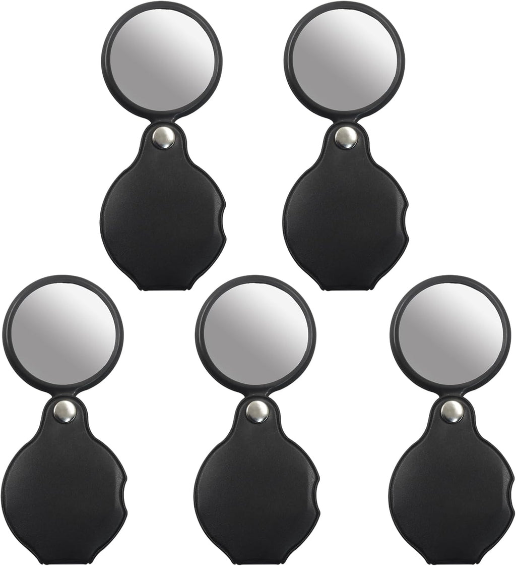 10X Magnifying Glass Loupe Set - 5 Pack Premium Optical Glass Lens Pocket Magnifiers with 360° Rotating Leather Case for Reading, Jewelry Inspection, Hobbies & Class (Compact & Portable)