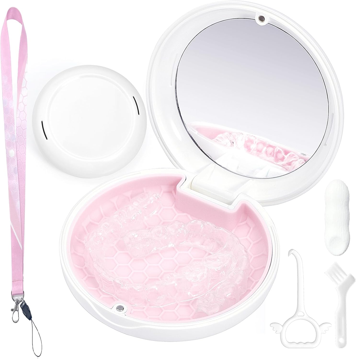 Retainer Case with Mirror and Lanyard,Slim Aligner Case with Vent Holes,Cute Dental Brace Box with Retainer Removal Tool and Brush(White Pink with Lanyard)