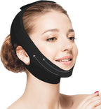 Jawline Shaper Chin Strap for Sleeping, Reusable V-Line Mask for Women Face Lifting Made w/Electric-Hot-Press Tech for Skin-Friendly & Breathable Cooling Fabric (Black, One Size)