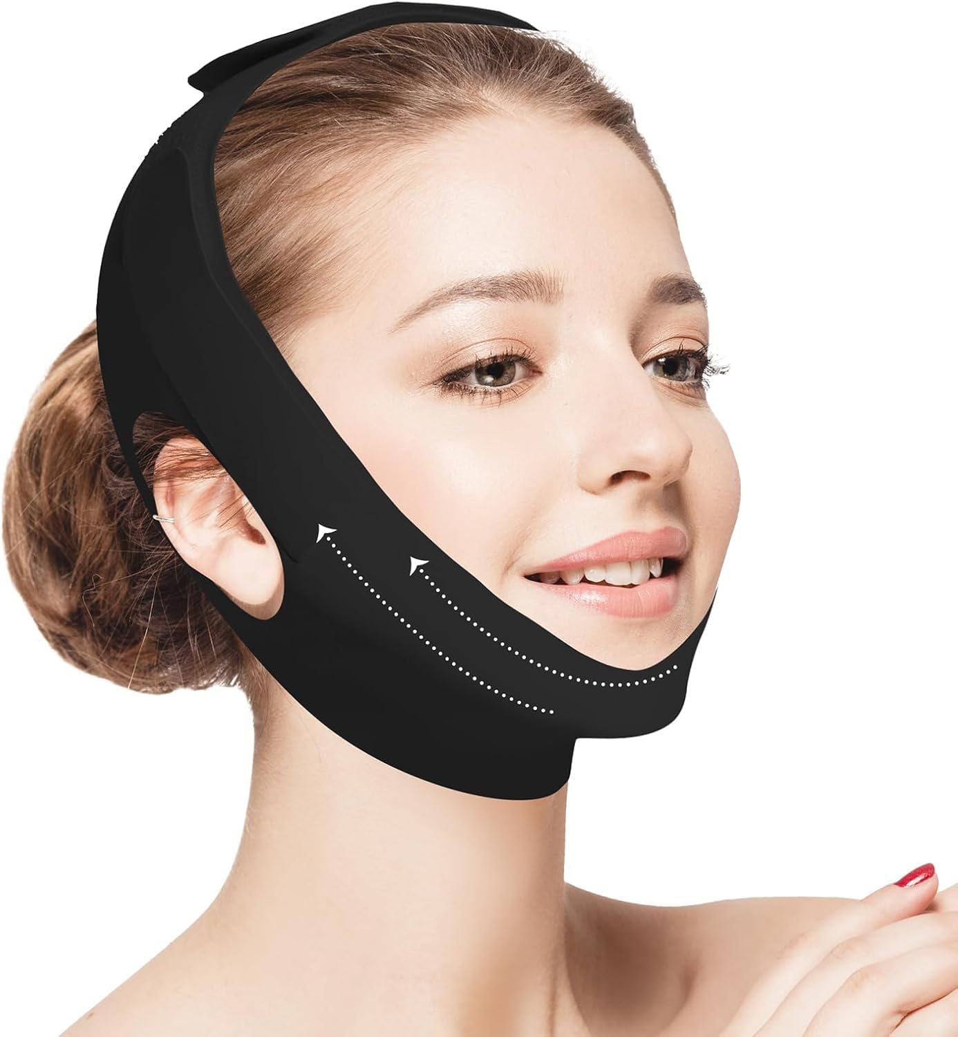 Jawline Shaper Chin Strap for Sleeping, Reusable V-Line Mask for Women Face Lifting Made w/Electric-Hot-Press Tech for Skin-Friendly & Breathable Cooling Fabric (Black, One Size)