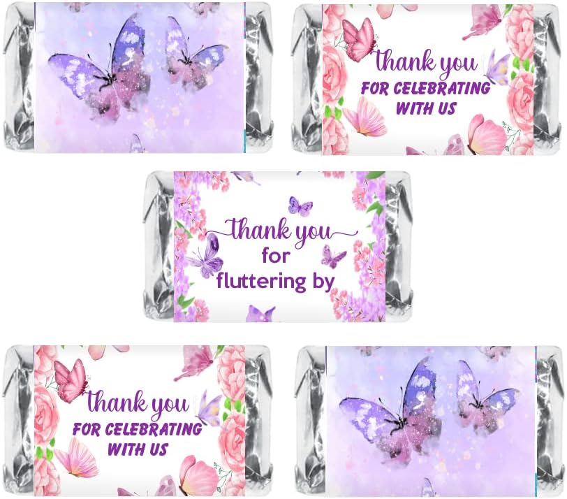60 Butterfly Theme Mini Candy Bar Wrapper, Thank You Themed Miniatures Candy Bar Stickers, Birthday Decorations, Wedding, Baby Shower, Candy Not Included, Made in USA,