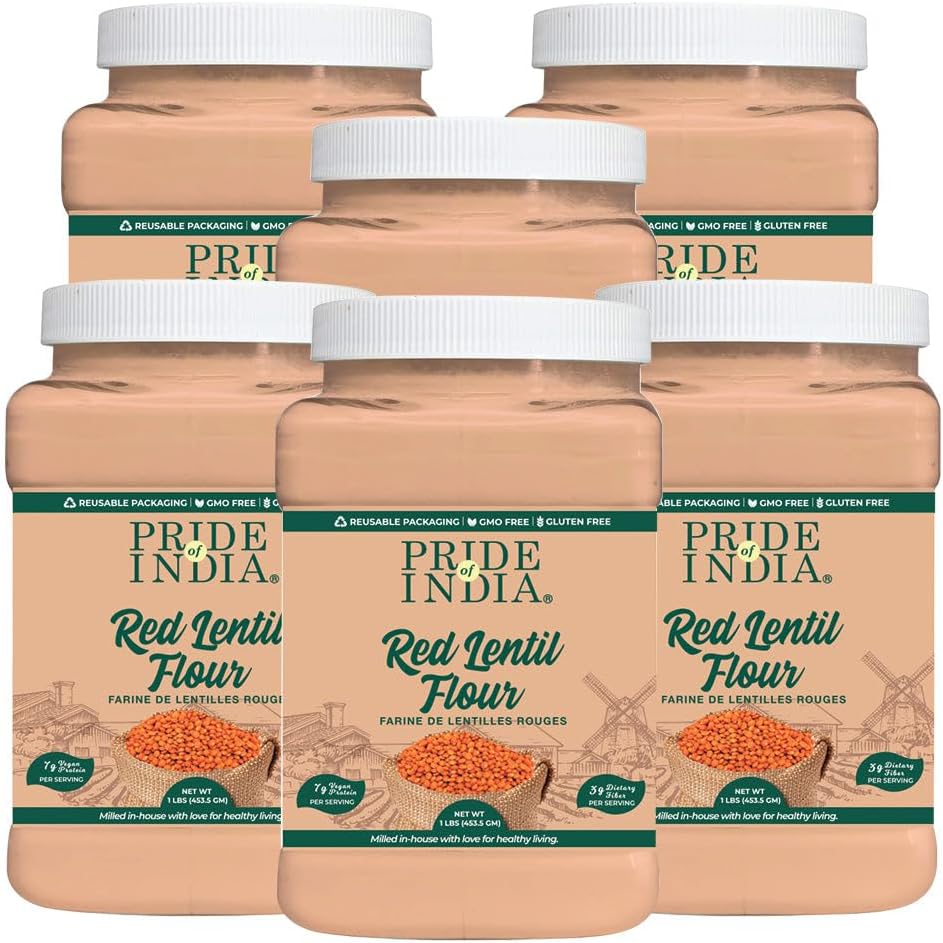 Pride of India - PACK of 6 - Red Lentil Flour 1 lbs (454 gm) Hint of Sweetness Slightly Nutty Earthy Flavor Freshly Milled in Small Batches | Used for Cooking Baking Thickening Coating