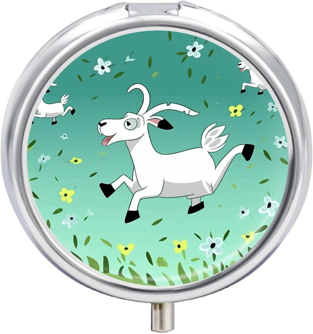 Goat Frolic Pill Case Metal Round Portable Pill Box,Waterproof Travel Pills Organizer Vitamins Medicine Storage Box for Travel Or Daily