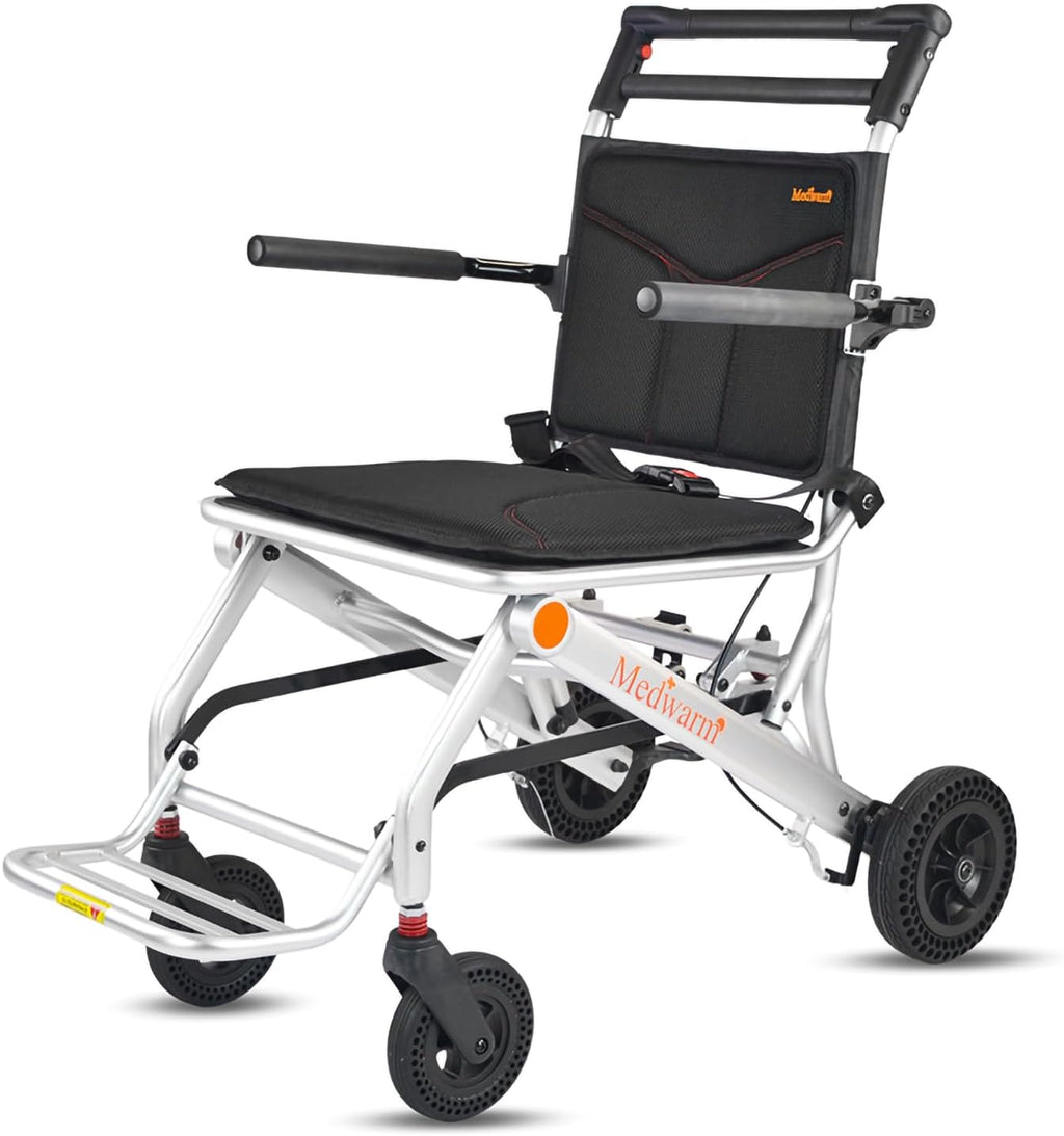 Medwarm Portable Aluminum Transport Wheelchair with Handbrake, 11" Rear Wheels, Ultralight Folding Travel Wheelchair for Adults, Sliver (Seat Width:18")