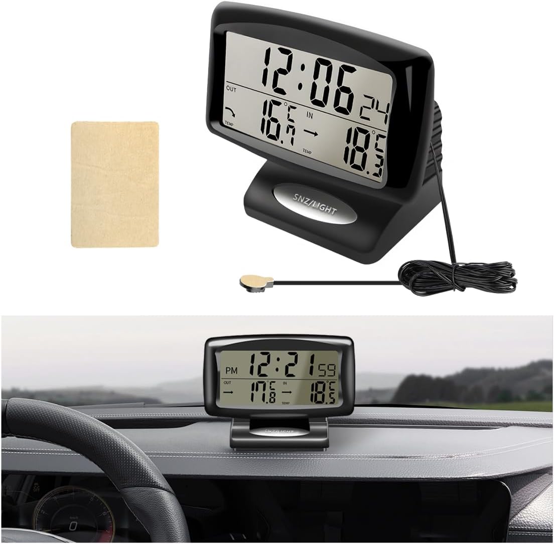Car Digital Thermometer Clock, 2 in 1 Easy to Read Car Indoor Outdoor Thermometer with LCD Backlight, Vehicle Luminous Clock & Temperature Meter, Car Internal Accessories
