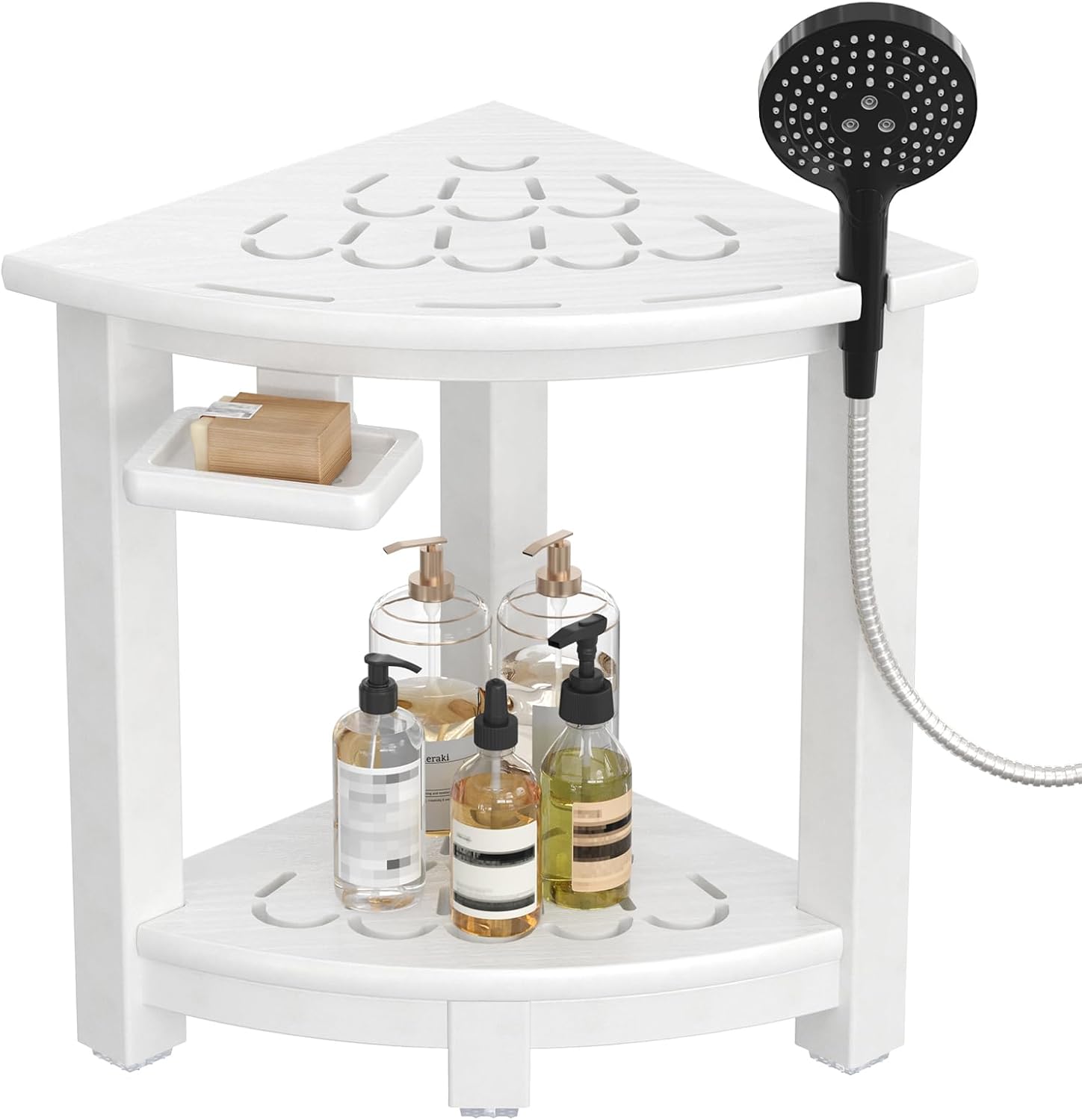 NALONE Corner Shower Stool, HDPE Shower Bench for Inside Shower, Small Shower Chair Seat for Shaving Legs with Storage Shelf, Soap Box and No-Slip Feet (White)