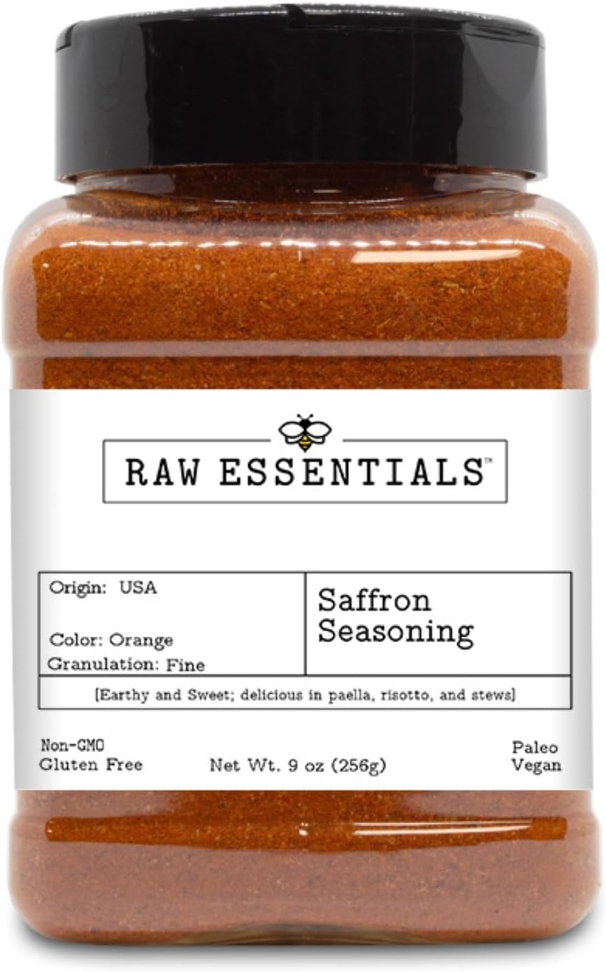 Raw Essentials Saffron Seasoning - Earthy and Sweet - Delicious in Paella, Risotto, and Stews - Luxurious Non GMO, Gluten Free, Paleo and Vegan Blend - 9 Ounce Bottle