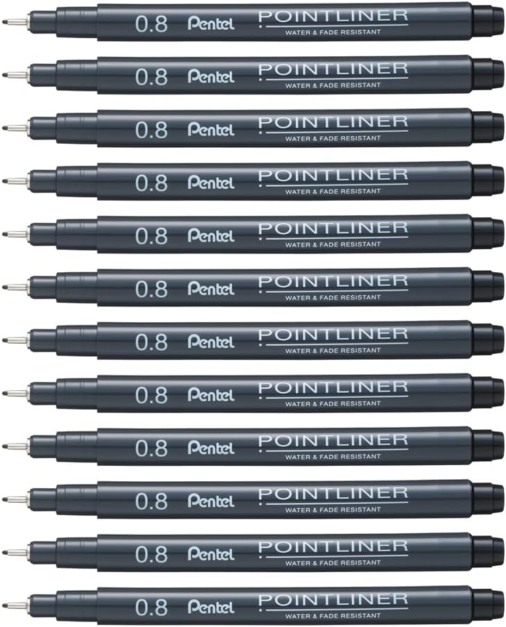 Pentel Arts Pointliner Drawing Pen, 0.8mm, Black Ink, Box of 12 Pens (S20P-8A)