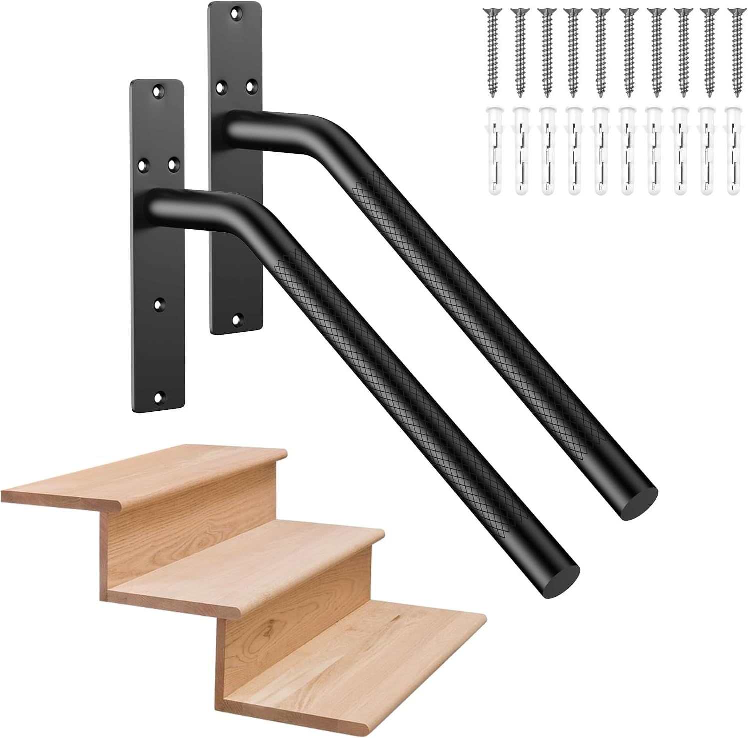 2 Pack 16 Inch Stair Handrails for 1-3 Steps, Munzong Black Stainless Steel Hand Rail for Stairs, Wall Mounted Knurled Safety Grab Bar for Outdoor Garage Entry Interior Exterior Stairway- 1.25” Tube