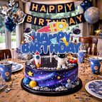 Outer Space Happy Birthday Cake Topper Blue Glitter Cake Decorations Spaceship Aliens Astronaut Rocket Solar System Planet Galaxy Boys Girls Kids Themed Birthday Outer Space Party Supplies