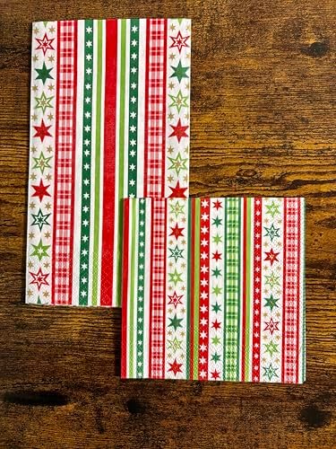 IHR Ideal Home Range Cocktail Napkins Disposable 3-Ply Paper Party Napkin Pack, 5" x 5", Stripes And Stars (Red/Green), 20-Count