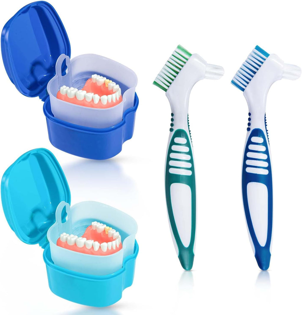 KISEER 2 Pack Denture Bath Case Cup Box Holder Storage Container with Denture Cleaner Brush Strainer Basket for Travel Cleaning (Light Blue and Blue)