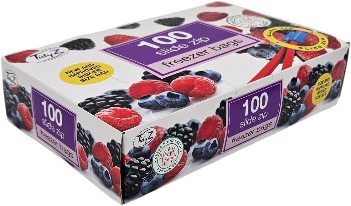 100 Slide Zip Lock Bags, Food Storage Freezer Bags, BPA Free Zip Seal Freezer bags for Fruit, Vegetables, Meat & Snacks - Reusable. In a dispenser Box. Large 23x23cm