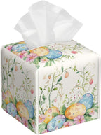Easter Eggs Tissue Box Cover Spring Botanical Flowers Square Leather Tissue Holder Decorative Facial Tissue Cube Paper Cover Case Organizer for Bathroom Night Stands Desk Tabletop Living Room Home