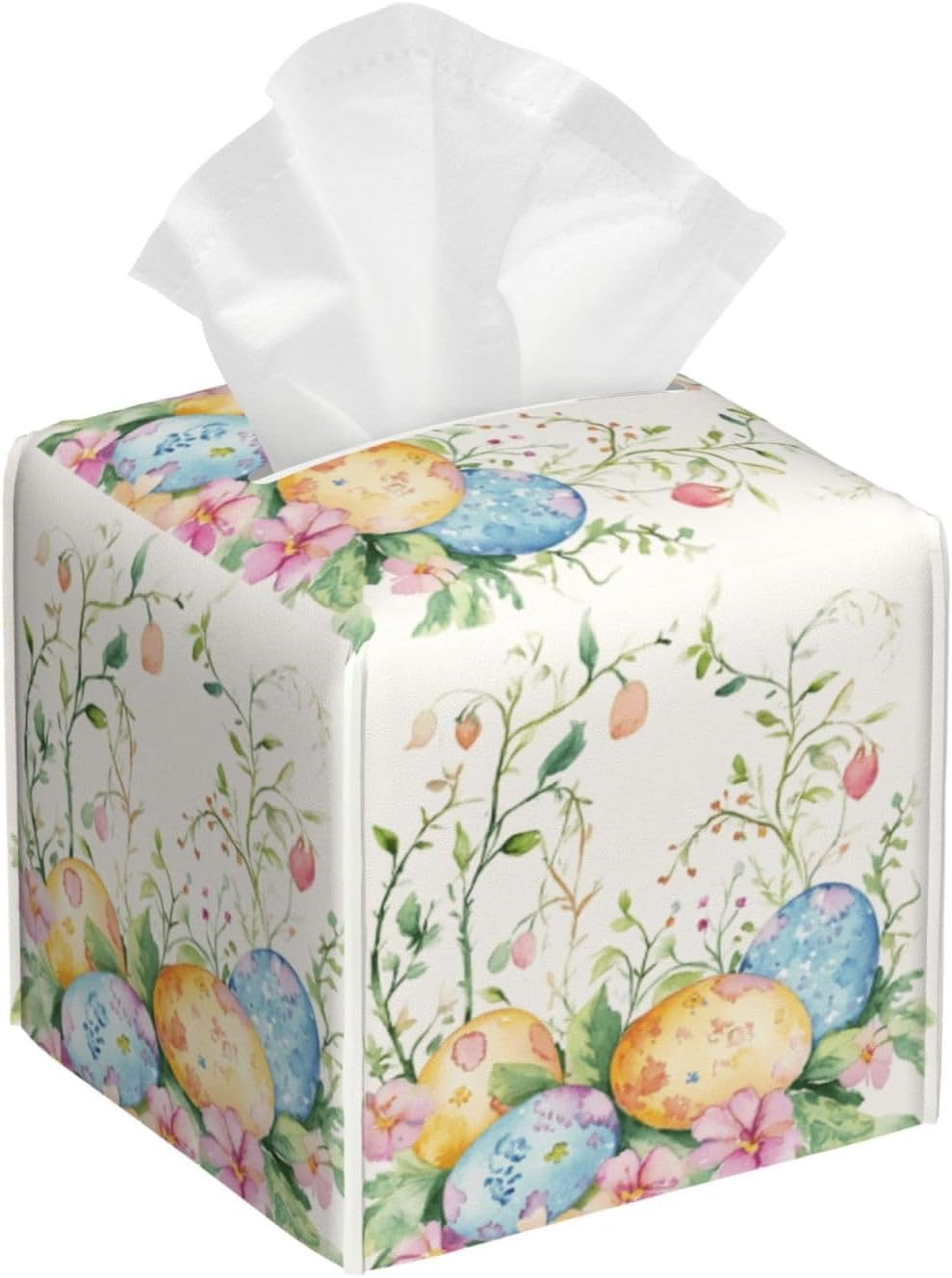 Easter Eggs Tissue Box Cover Spring Botanical Flowers Square Leather Tissue Holder Decorative Facial Tissue Cube Paper Cover Case Organizer for Bathroom Night Stands Desk Tabletop Living Room Home