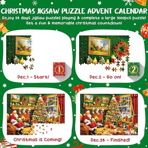 Advent Calendar 2025 for Adults Kids Teens, 1000 Pieces Christmas Jigsaw Puzzles 24 Days Surprises Christmas Countdown Calendar Gift Box Family Game Advent Puzzle Xmas Gifts for Boys Girls Women Men