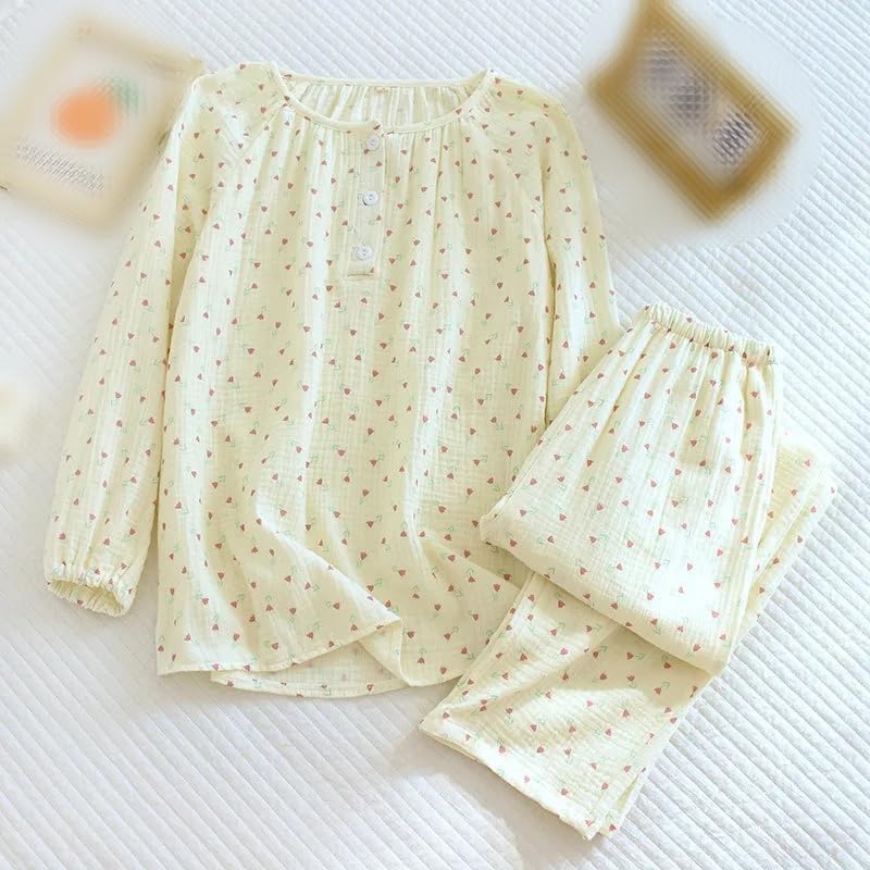 REHJJDFD Women's Pajamas Long-Sleeved Trousers 2-Piece Cotton Crepe Pullover Home Service Suit