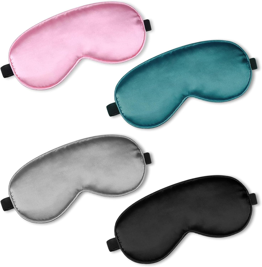 BBTO 4 Pcs Silk Sleep Eye Masks Smooth Soft Satin Eye Covers with Adjustable Strap Blindfold for Sleeping Blocking Out Lights Travel Relaxation (Black, Grey, Dark Green, Pink)