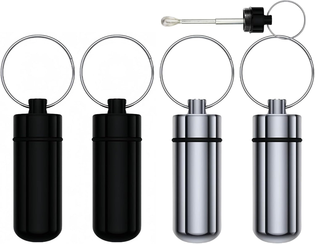 Premium Aluminum Alloy Pill Box Keychain Pill Holder Keychain Ring (Black Silver) (4 Pack)