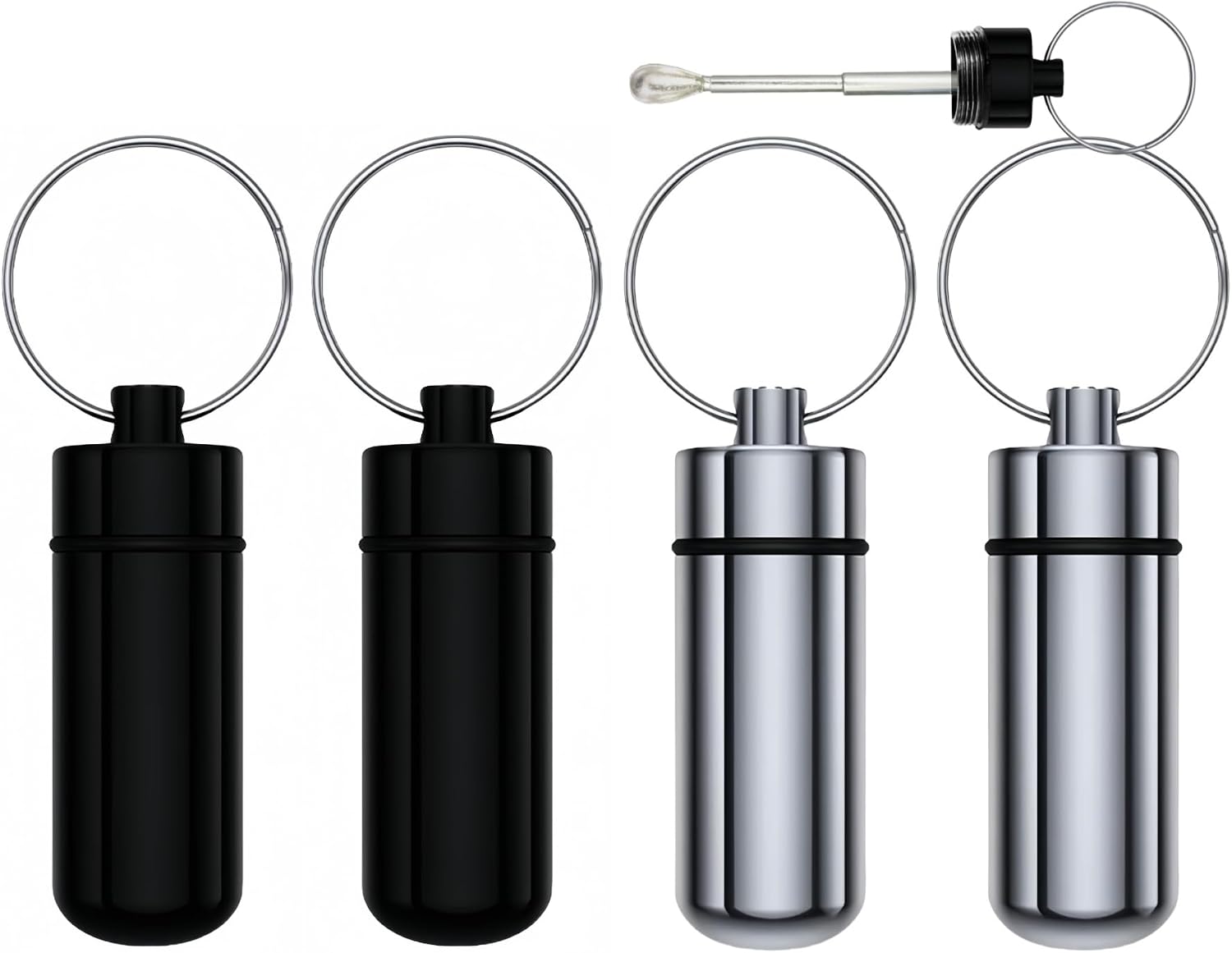 Premium Aluminum Alloy Pill Box Keychain Pill Holder Keychain Ring (Black Silver) (4 Pack)