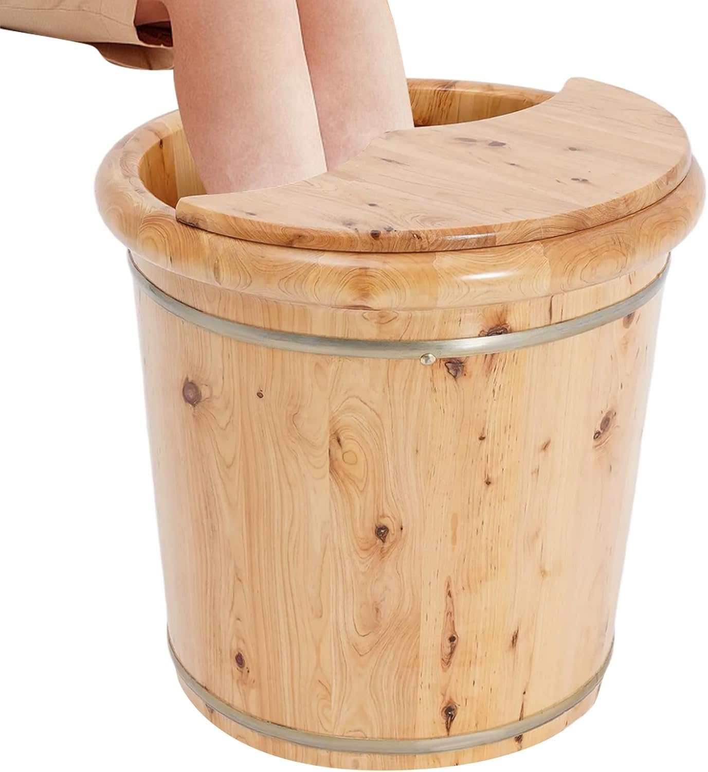 Wooden Foot Basin, 15.75 Inch Home Spa Deep Soaking Barrel Portable Wood Foots Basin Set Traditional Natural Solid Wood Foot Soak Tub with Lid for Home Spa Bath Center (With Wooden Stool)