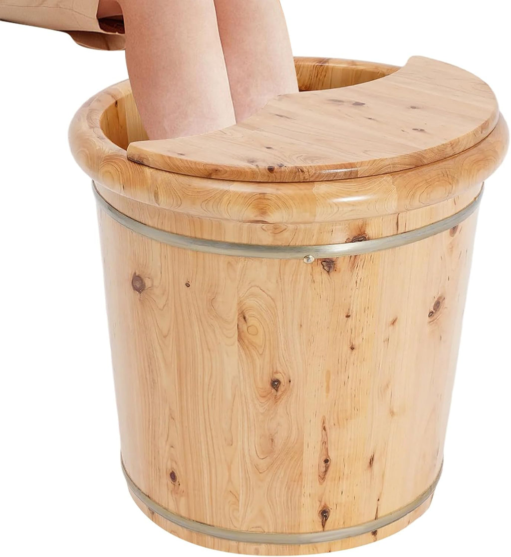 Wooden Foot Basin, Solid Cedar Wood Foot Tub with Cover Plate and Wooden Stool, Wooden Bucket Foot Bath, Pedicure Barrel for Foot Bath, Soak, Massage, Spa, Sauna,15.75x15.75in