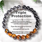 Triple Protection Healing Crystal Beaded Bracelet – Tiger Eye, Black Tourmaline & Hematite Natural Stone Jewelry – Strength & Positive Energy Gift for Men & Women – Christmas & Anniversary
