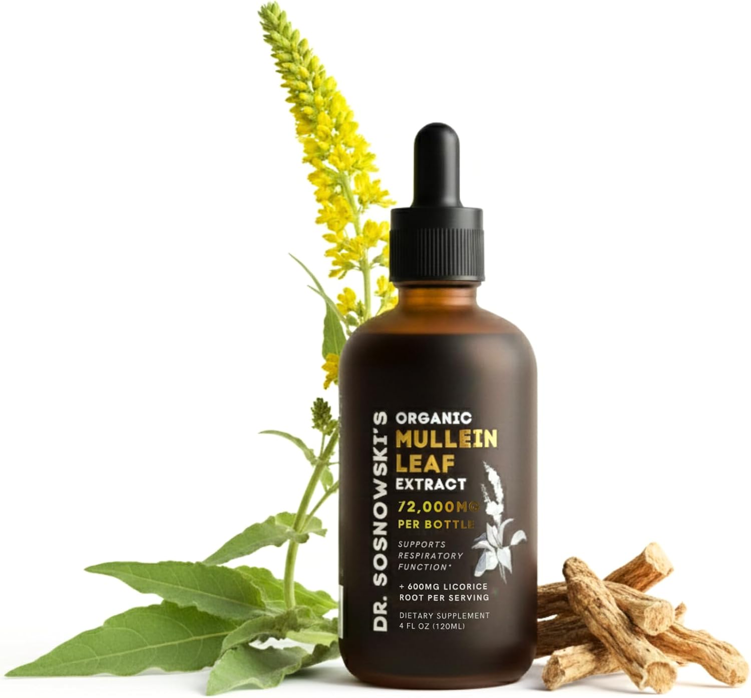 Dr Sosnowski's Mullein Drops for Lungs 120ml | 1200mg High Strength Mullein Leaf Extract with 600mg Licorice Root for Daily Routine, Flavonoid Support, Saponin Balance | 2 Months Supply