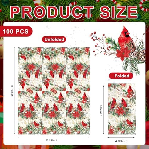 100pcs Christmas Paper Napkins, 3 Ply Disposable Red Cardinal Bird Napkins Christmas Guest Napkins Hand Towels for Bathroom Home Kitchen Table Xmas Party