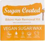 Sugar Coated Organic Bikini Sugar Wax Kit with Strips, Natural & Gentle Hair Removal for Bikini Line, At Home Sugar Wax with Calendula Oil to Calm Sensitive Skin, 0.44 lbs